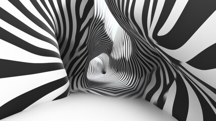 Abstract Black and White Zebra Striped Tunnel Illusion: A 3D Render of a Hypnotic and Whimsical Digital Art