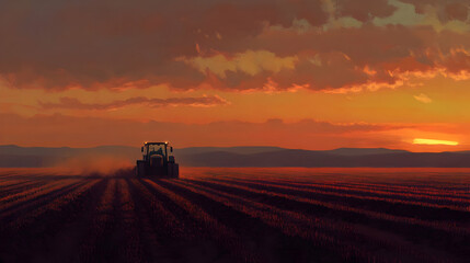 Fototapeta premium Sunset over the Farmland: Tractor at Golden Hour