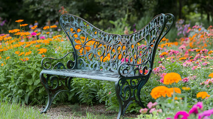 Ornate Metal Bench in a Vibrant Summer Garden