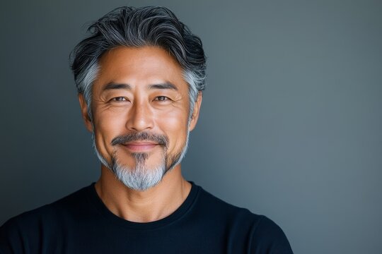 portrait of 50 years old handsome soft smiling asian man with beard in dark blue T-shirt on grey background