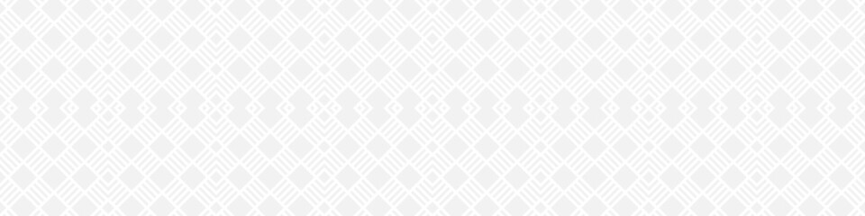 Fototapeta premium Seamless fashion pattern of squares and lines, geometric white figures for textile and wallpaper. Abstract panoramic ornament on gray background for New Year or wedding cover or postcard.