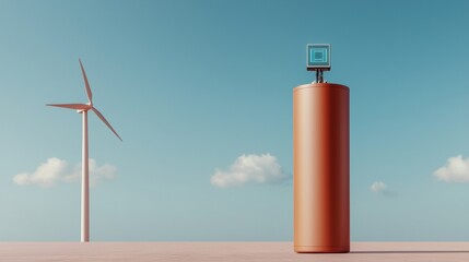 climate tech solutions startup concept. Wind turbine beside a large cylindrical structure against a blue sky.