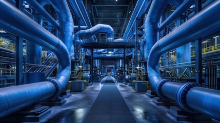 Intricate Blue Pipeline Network Inside Industrial Plant, Complex Infrastructure