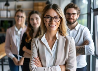 Young business team with female leader in a modern office, high-quality .