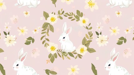 Charming Easter Bunnies in a Flower Wreath: Pink Background