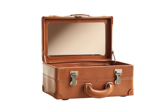 Elegant vintage leather suitcase with a mirror, perfect for travel, styled decor, or nostalgic memorabilia on a timeless backdrop