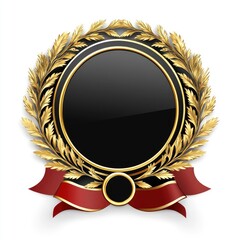 A golden decorative emblem featuring black circle with red ribbons