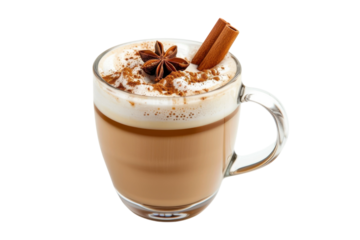 Warm cup of spiced chocolate beverage topped with frothy cream and aromatic spices captured against a white background