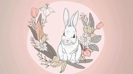Charming Easter Bunnies in a Flower Wreath: Pink Background
