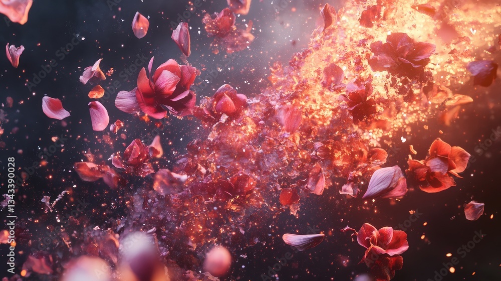Poster vivid explosion of rose petals and sparkles in a colorful background with bokeh effects and dreamy a