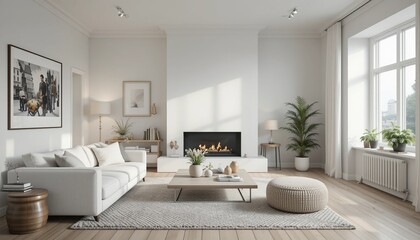Bright and airy living room featuring a modern fireplace and cozy decor, bathed in natural light, creating a relaxing ambiance.