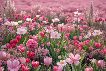 Obraz premium Spring Floral Display in Pink Flower Field with Seasonal Blooms and Petals
