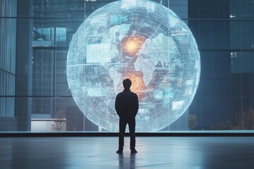 A man stands in front of an interactive digital screen showing various icons representing business, data science, and technology, with the background featuring modern buildings