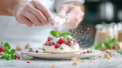 Chef expertly dusting a dessert with powdered sugar. Fresh raspberries, cream, and mint garnish a delicious pastry
