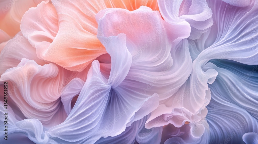 Poster abstract flowing silk fabric background with soft colors creating mesmerizing wave patterns and gent