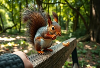 Fototapeta premium A fluffy-tailed squirrel daintily eats a nut while perched on a wooden rail, a hand gently extends nearby, offering more sustenance in a serene woodland setting.