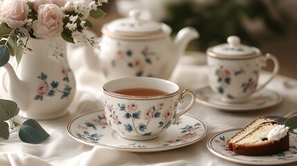 Elegant tea set with floral patterns and a slice of cake