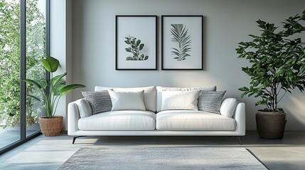 Bright living room featuring a white sofa, artwork, and plants, creating a serene and stylish atmosphere perfect for relaxing at home.