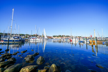 View of the historic harbor of the city of Flensburg and the surrounding landscape. Flensburg...