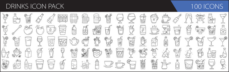 Drinks Icon Pack with 100 Outline Icons - A collection of 100 outline drink icons in a minimalist style. Includes coffee, cocktails, juice, soda, and other beverage illustrations.

