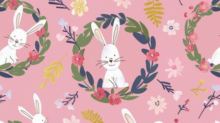 Charming Easter Bunnies in a Flower Wreath: Pink Background