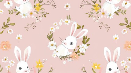 Charming Easter Bunnies in a Flower Wreath: Pink Background