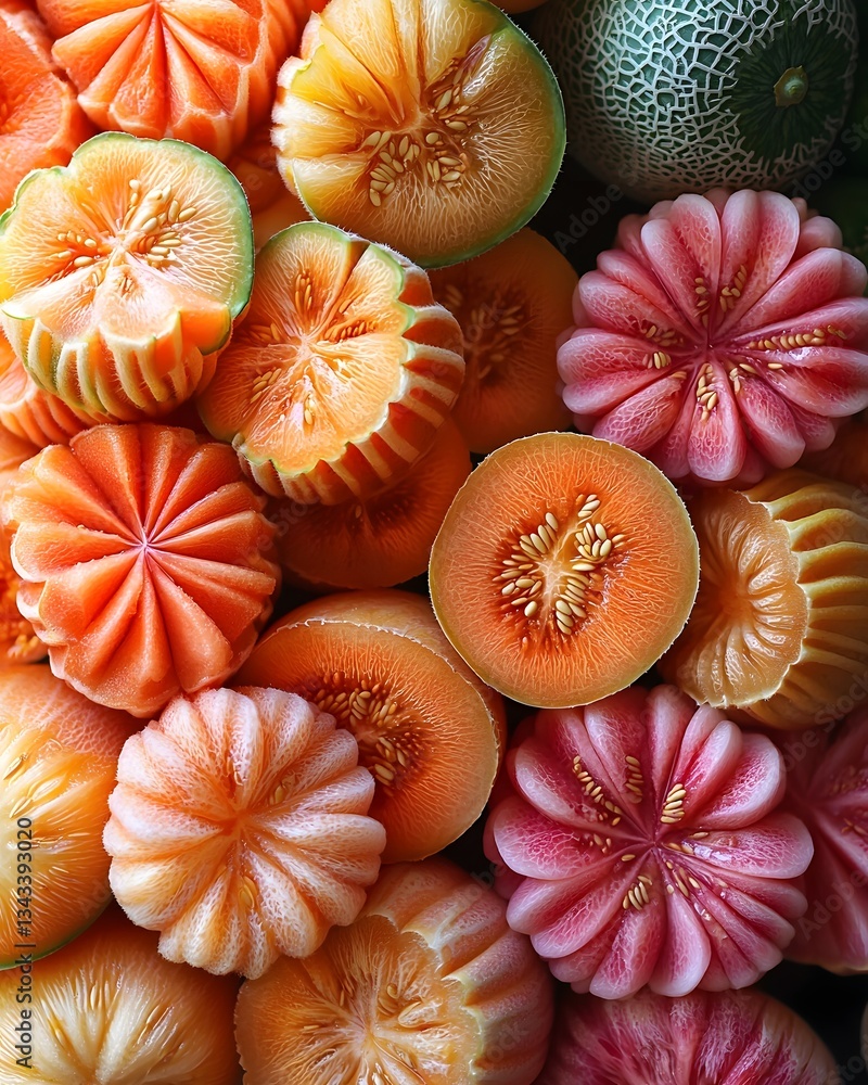 Poster vibrant sliced melon and cantaloupe arrangement with intricate patterns