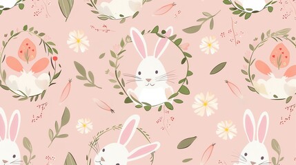 Charming Easter Bunnies in a Flower Wreath: Pink Background