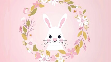 Charming Easter Bunnies in a Flower Wreath: Pink Background