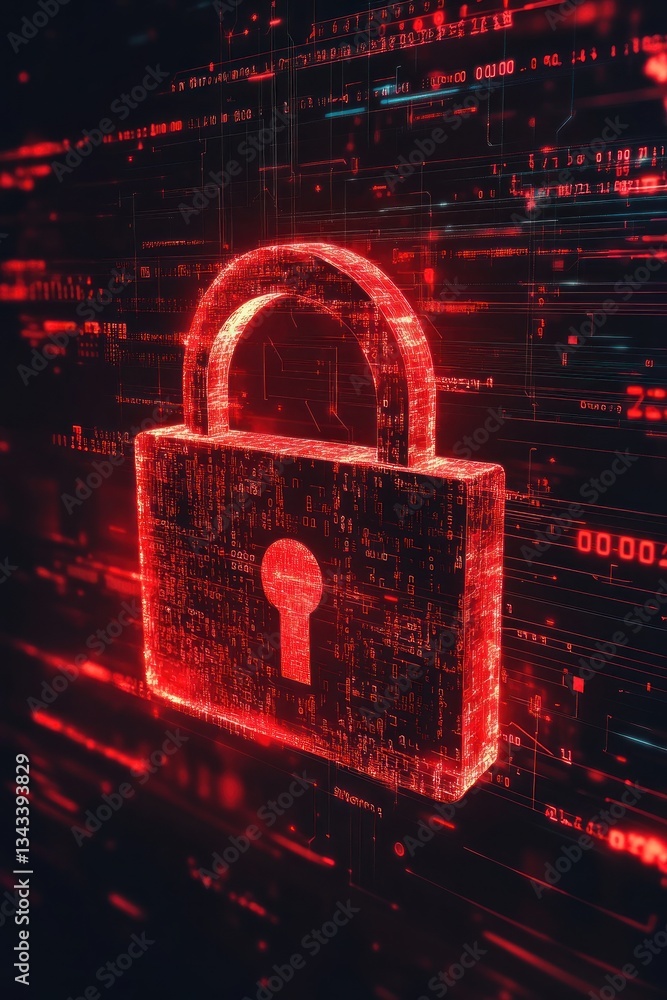 Poster digital lock symbolizing cybersecurity in a tech landscape