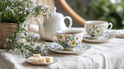 Fototapeta premium A beautiful floral tea set with flowers and sugar cubes