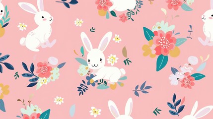 Charming Easter Bunnies in a Flower Wreath: Pink Background