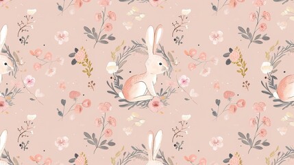 Charming Easter Bunnies in a Flower Wreath: Pink Background