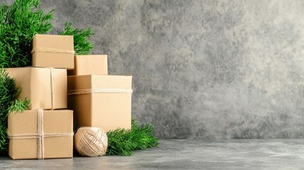 Creative composition of packaging supplies with a focus on sustainability: A modern arrangement of eco-friendly packaging items like kraft boxes, twine, and biodegradable packing materials, accented