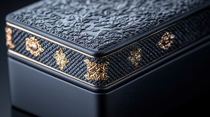 Close-up of a luxury business card holder with intricate packaging: A refined and elegant close-up of a business card holder with detailed packaging featuring metallic accents and textured finishes,