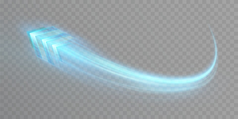 Light effect of high-speed movement of the speed of light along a curved trajectory of bright flickers. Dynamic movement of a high-speed arrow of light energy. Adobe Illustrator Artwork