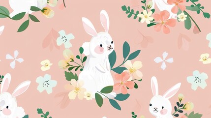 Charming Easter Bunnies in a Flower Wreath: Pink Background