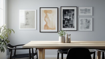 A Scandinavian dining room featuring a light wood table, sleek black chairs, and a gallery wall of abstract art in neutral tones
