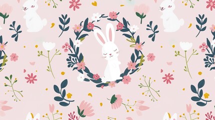 Charming Easter Bunnies in a Flower Wreath: Pink Background