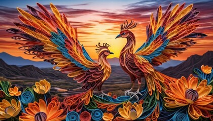 Obraz premium Two Colorful Phoenix Birds at Sunset Over Mountains