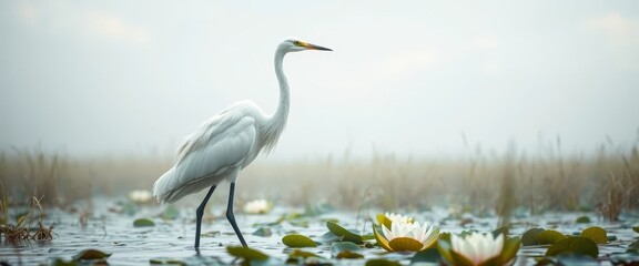 Naklejka premium Serene White Bird Wading in Misty Marsh Landscape with Water Lilies