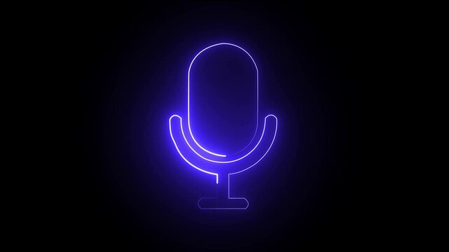 neon Voice recording mic microphone button icon animation. neon line microphone icon with black background. 4k video.