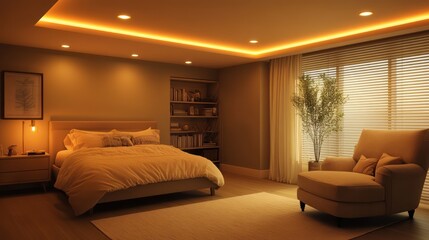 A serene bedroom featuring recessed ceiling lights casting a warm glow, highlighting a cozy reading nook with a soft chair