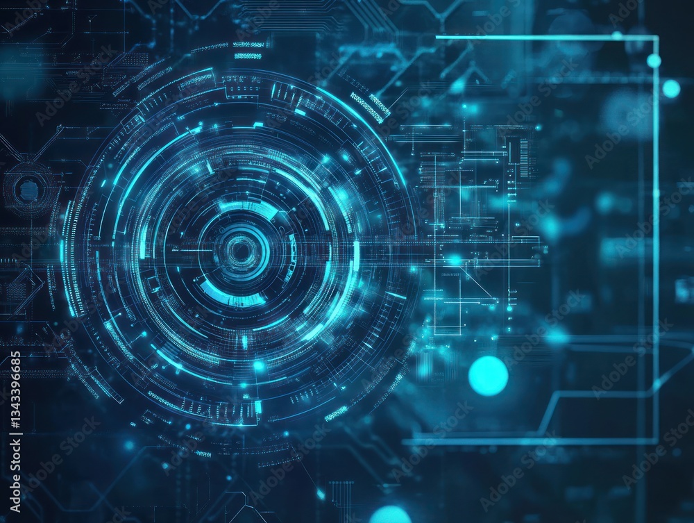 Poster futuristic digital interface with glowing circular patterns