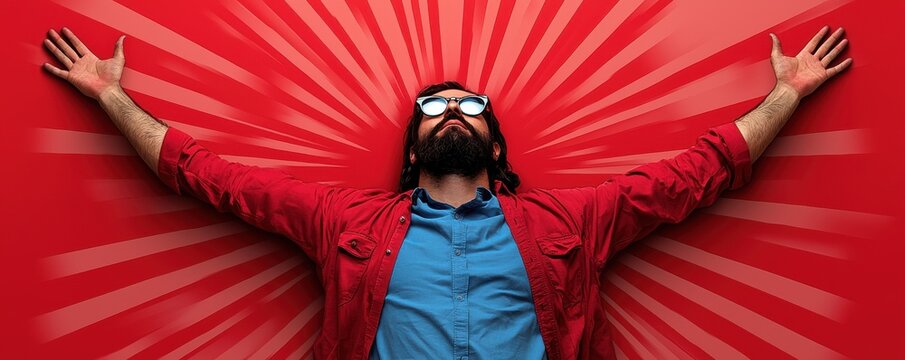 A man in a red shirt poses with arms outstretched against a vibrant red background, conveying a sense of empowerment and confidence.