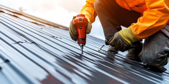 Roofing worker using red drill on metal sheets realistic photo