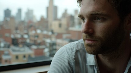Fototapeta premium Thoughtful man gazing out window overlooking city skyline with urban buildings