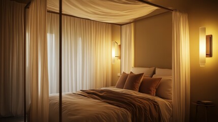 A serene bedroom with a canopy bed featuring gauzy white curtains, diffused lighting from wall sconces, and minimalist decor in earthy hues