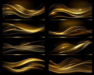 Golden Waves Abstract, Black Background, Sparkles for Design