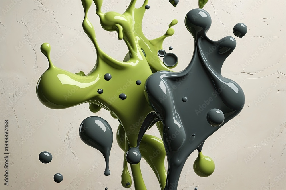 Poster lime and deep gray paint blobs blending to form organic shapes on off-white background